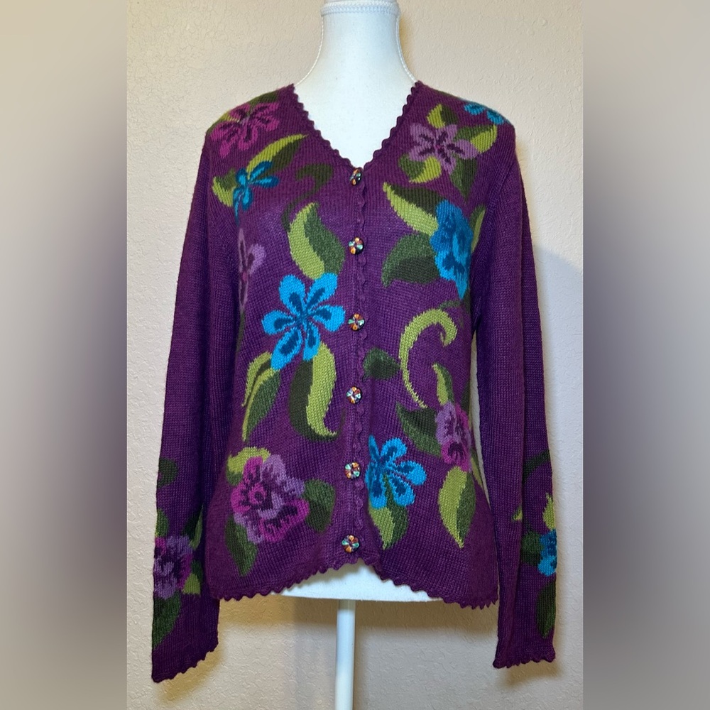 Alpaca Imports sweater cardigan purple pink blue green floral alpaca wool soft M